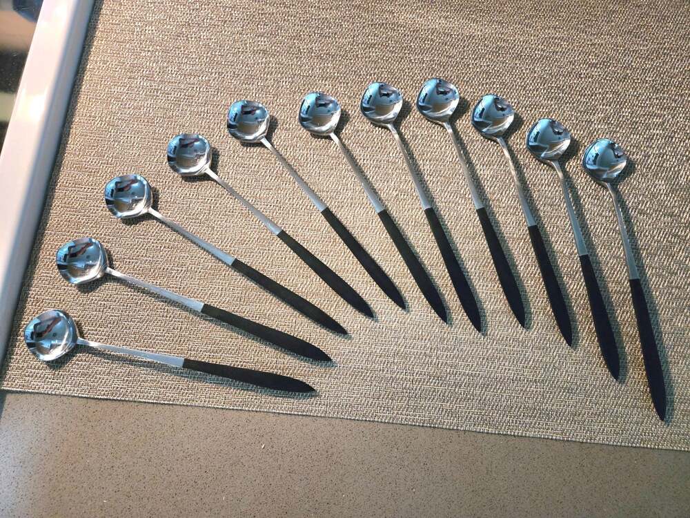 11 Vintage Ekco Eterna Epic Japan  Canoe Stainless Black Handled Long Spoons